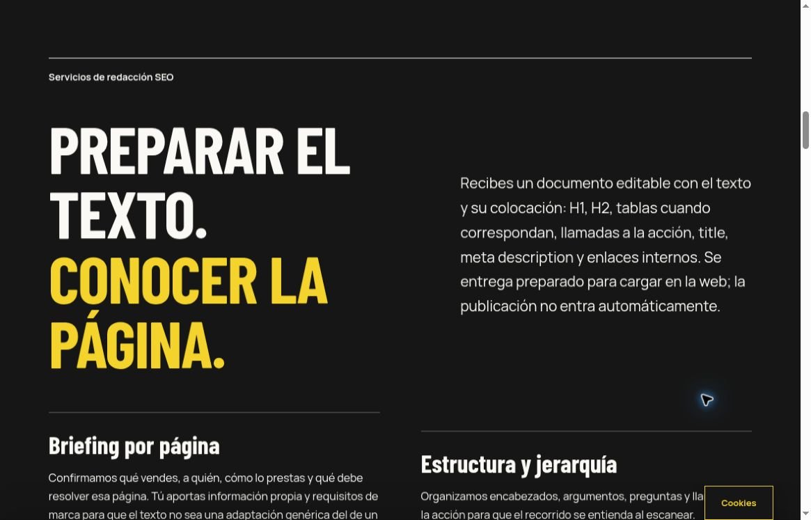 Captura real de la oferta pública de redacción SEO de SAF: documento editable con estructura, llamadas a la acción, metadatos y enlaces; la publicación se acuerda aparte.