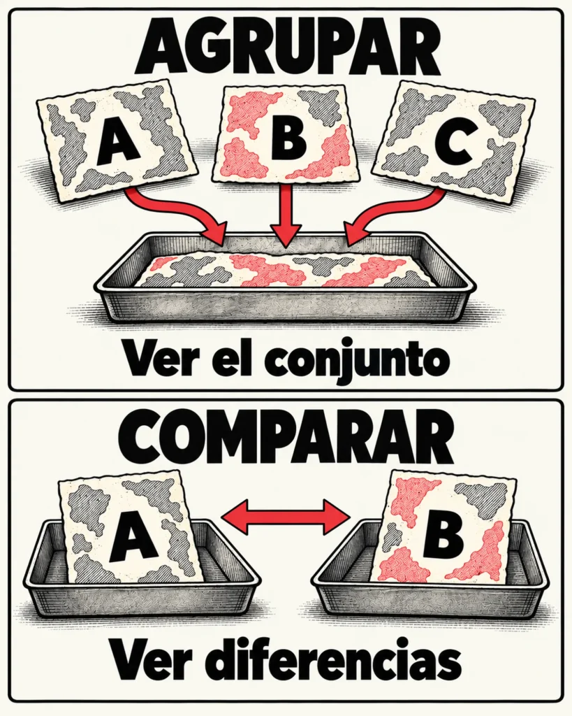 Agrupar reúne A, B y C en una bandeja para ver el conjunto; comparar mantiene A y B separados para ver sus diferencias.