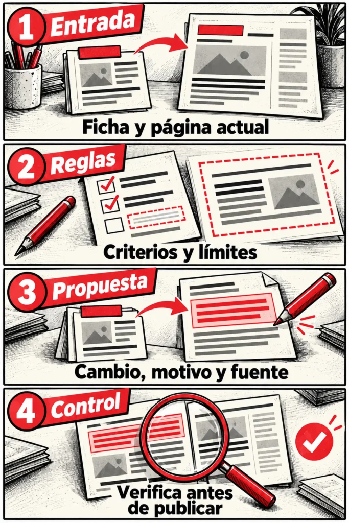 Entrada: ficha y página actual. Reglas: criterios y límites. Propuesta: cambio, motivo y fuente. Control: verificar antes de publicar.