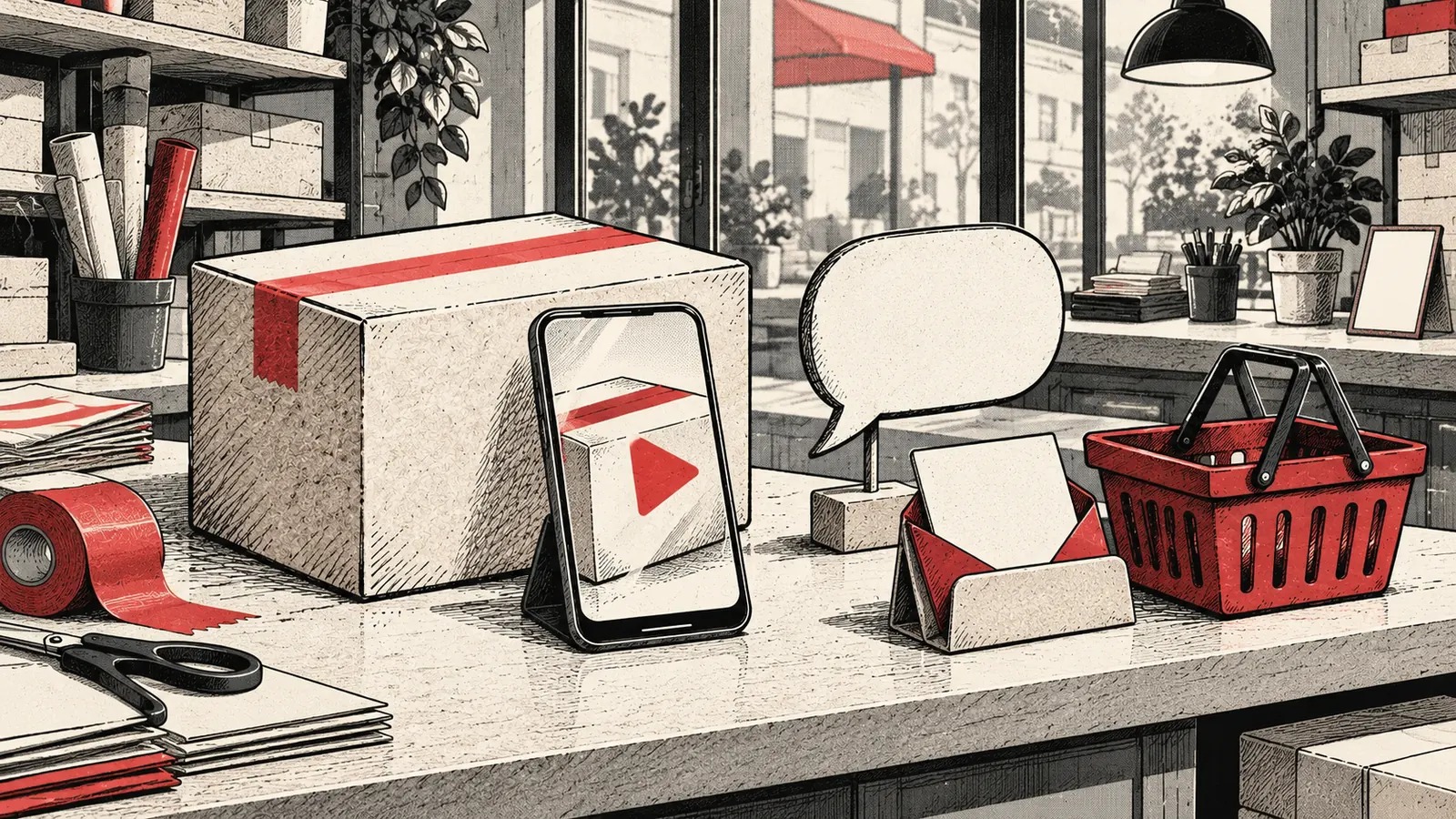 Un paquete y un teléfono con un vídeo, junto a un bocadillo vacío, una tarjeta en un sobre y una cesta roja.
