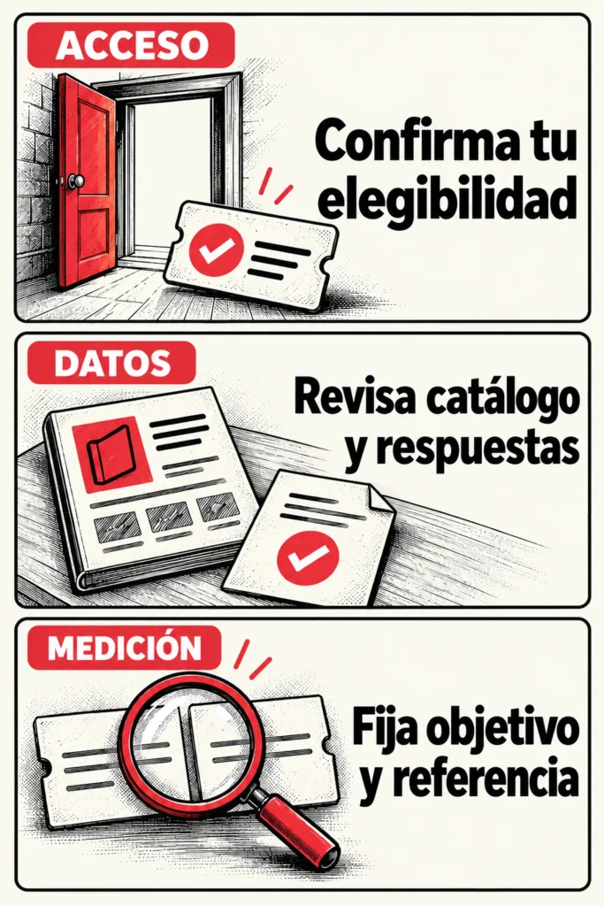 Antes de preparar una prueba: confirmar la elegibilidad, revisar catálogo y respuestas, y fijar objetivo y referencia.