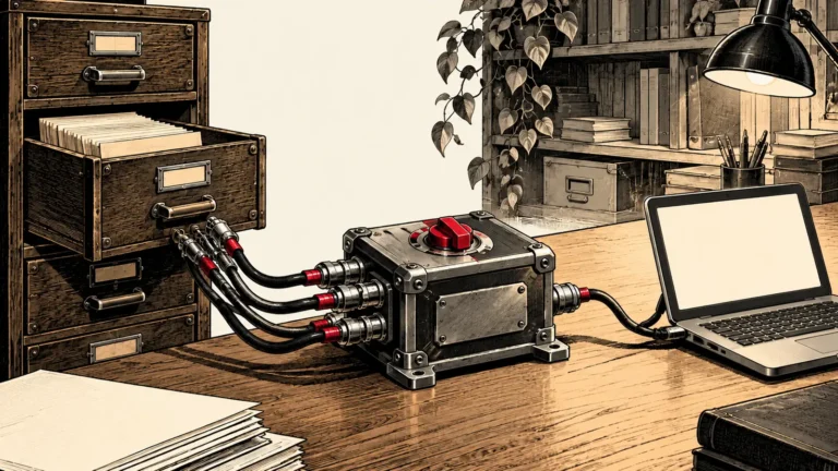 Un archivador conectado a un portátil mediante una caja adaptadora con un selector rojo.