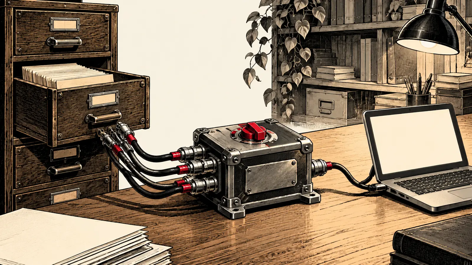 Un archivador conectado a un portátil mediante una caja adaptadora con un selector rojo.
